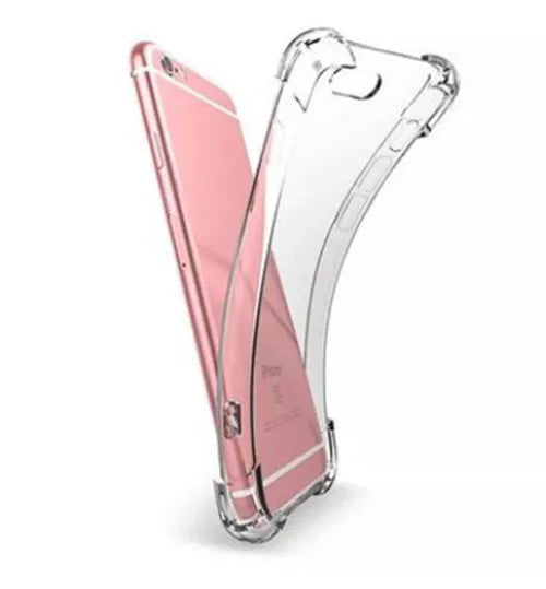 Clear transparent TPU shockproof back cover case for an iPhone on a white background.