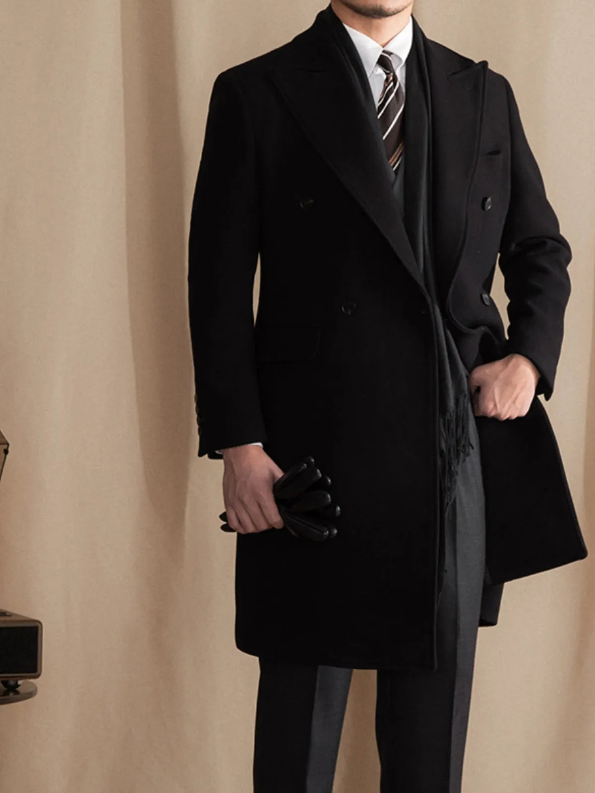 Men's mid-length double-breasted thermal jacket in black with suit collar and sanding finish