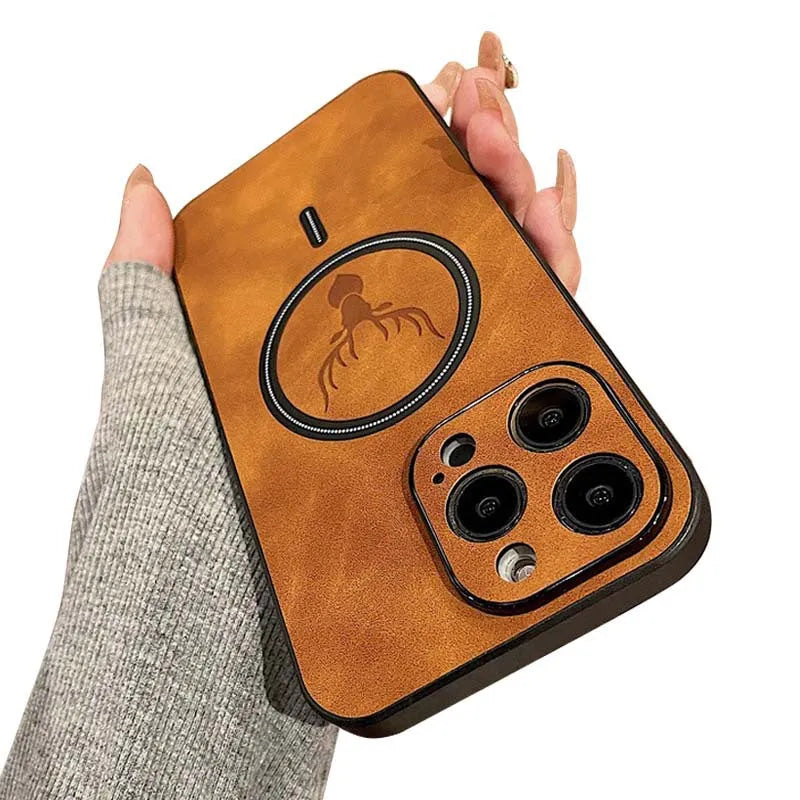 Magnetic imitation leather phone case with sheepskin pattern in black for iPhone