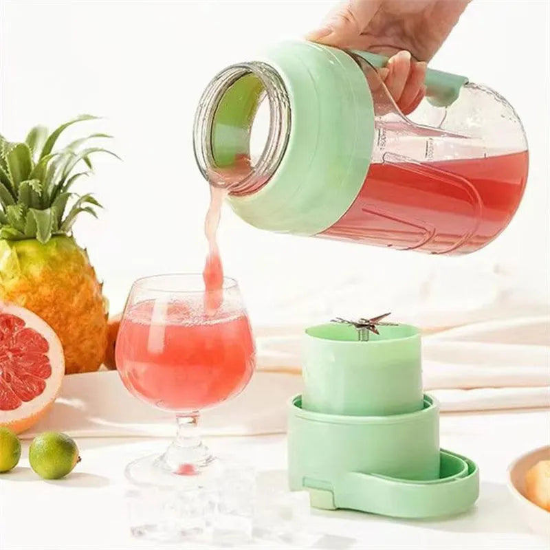 Portable 1500ml electric juicer with double handles and USB charging cable in emerald green