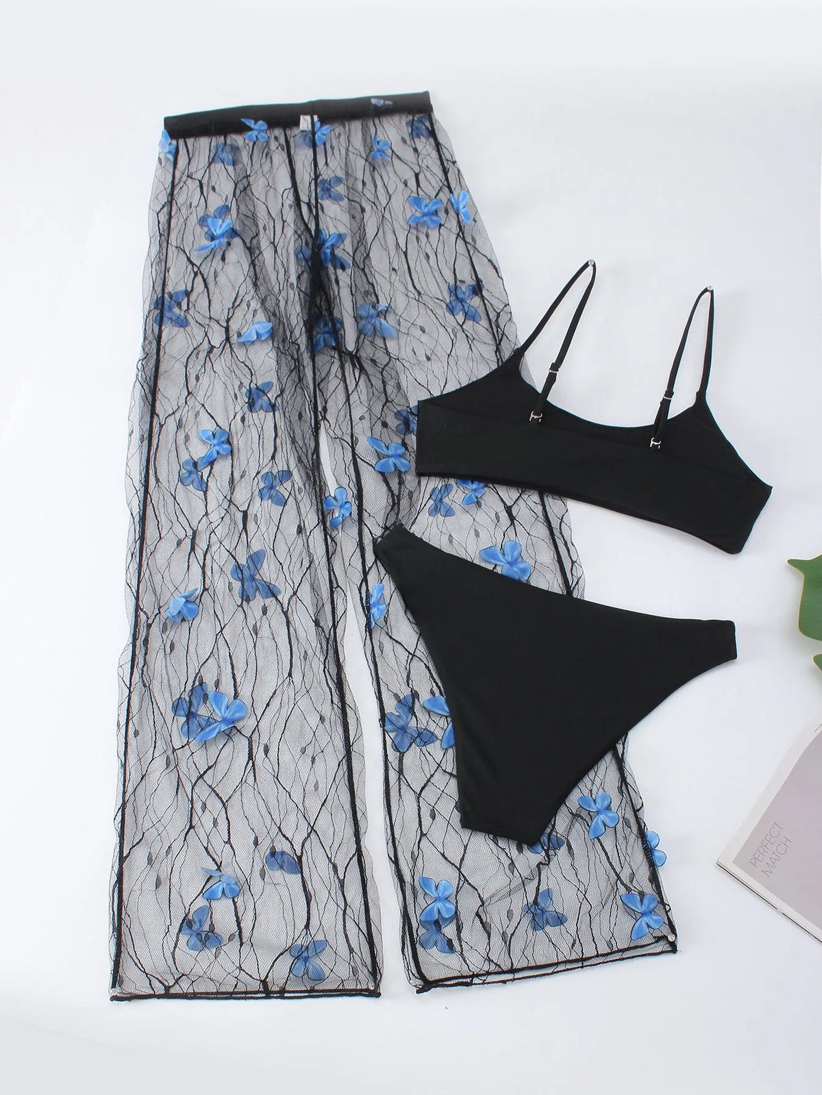Women's black butterfly bikini three-piece set with top, briefs and skirt, polyester fabric, sizes S-XXL