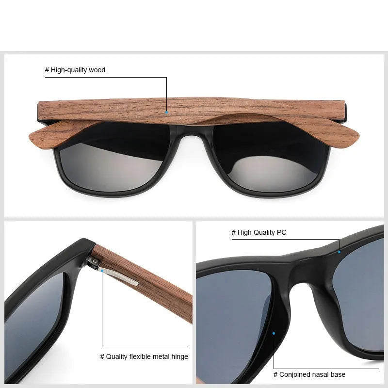 Polarized sunglasses with bamboo and wood frame details in Gray colour, box style design