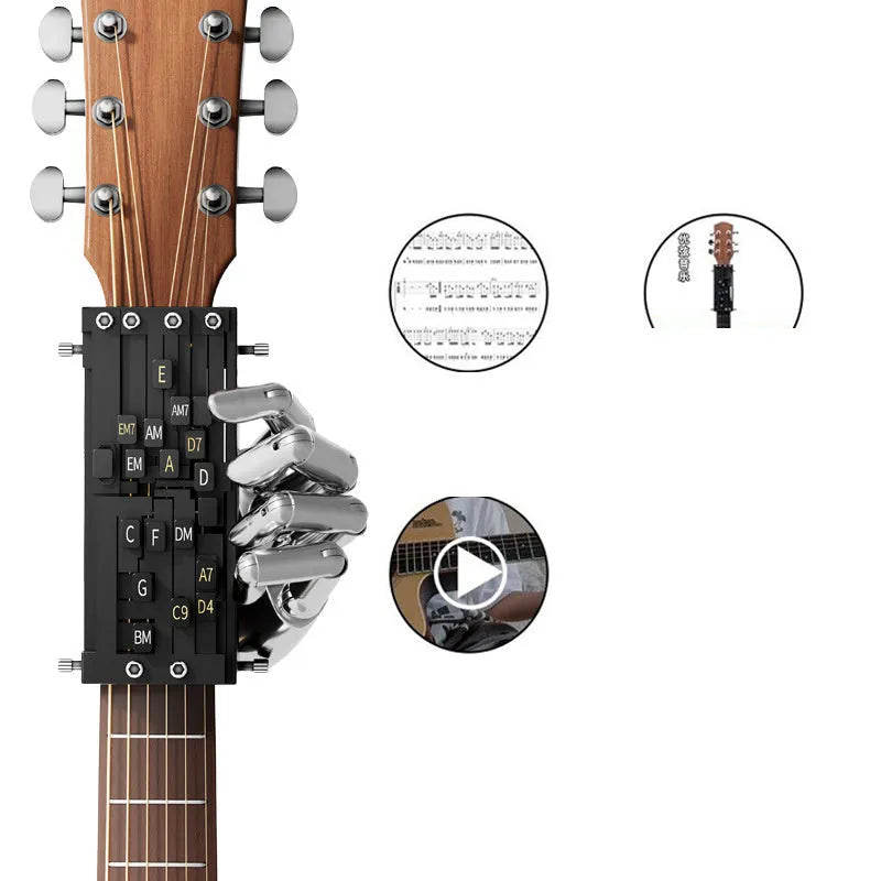 Black automatic chord practice device for novice guitar players attached to acoustic guitar