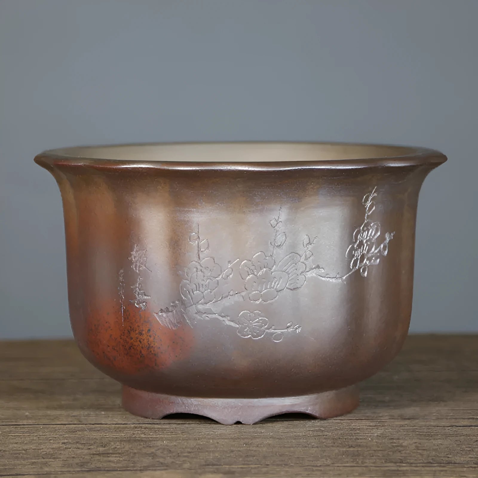Large antique carved purple sand ceramic bonsai pot in S1696 firewood colour.