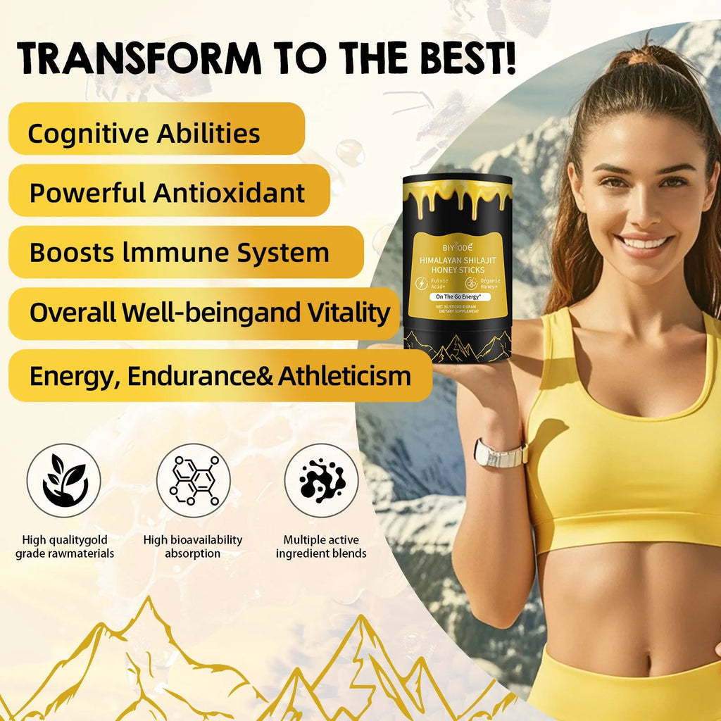 Bottle of 30 shilajit honey sticks with shilajit extract, honey, and saffron for energy and immune support