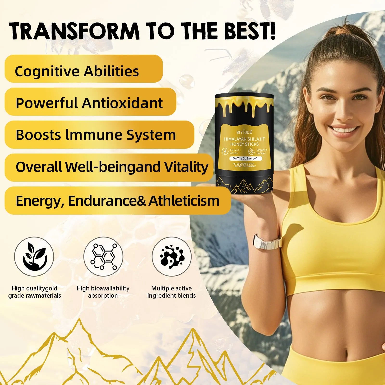 Bottle of 30 shilajit honey sticks with shilajit extract, honey, and saffron for energy and immune support