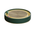 Large circular green cat scratching board with integrated ball toys measuring 45cm diameter