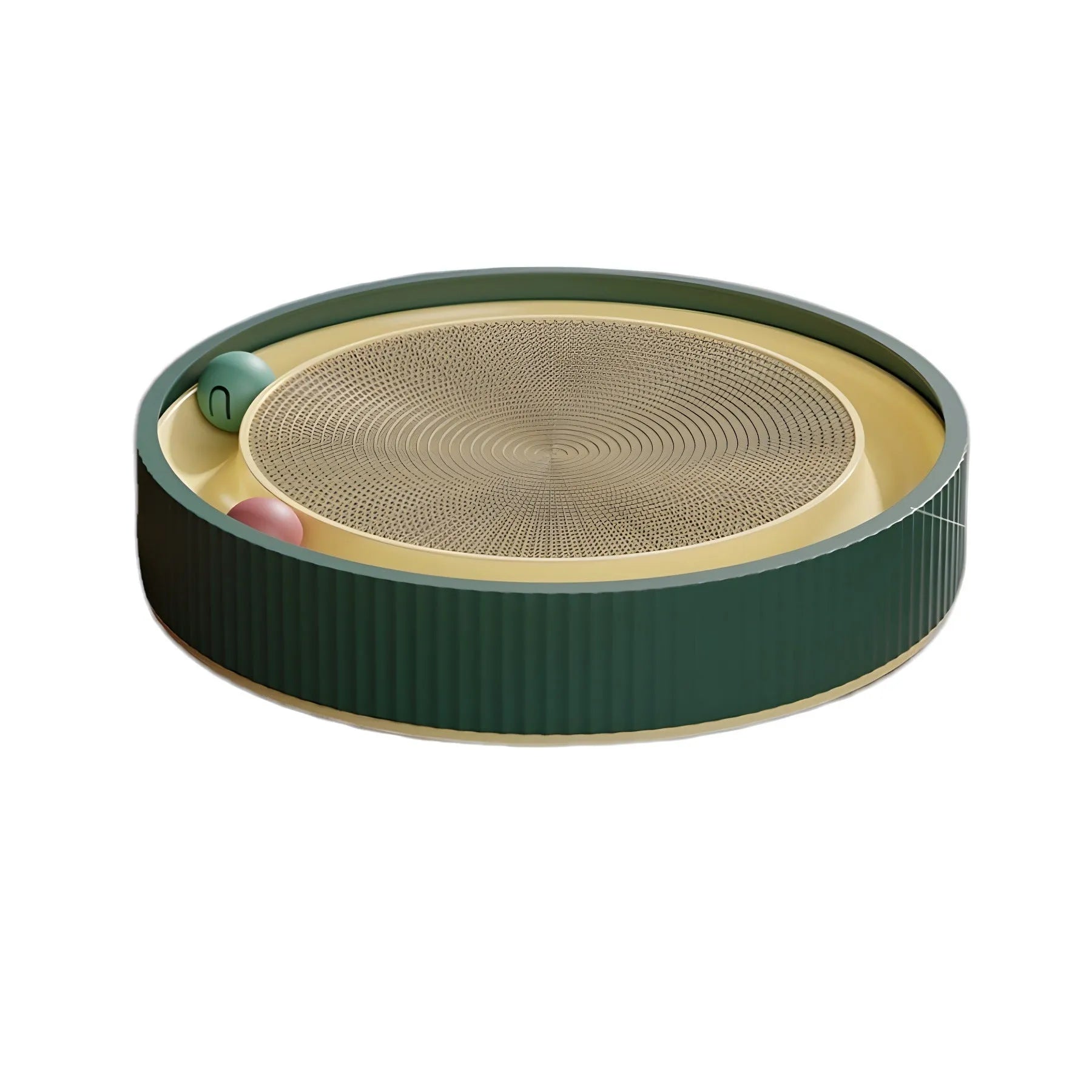 Large circular green cat scratching board with integrated ball toys measuring 45cm diameter