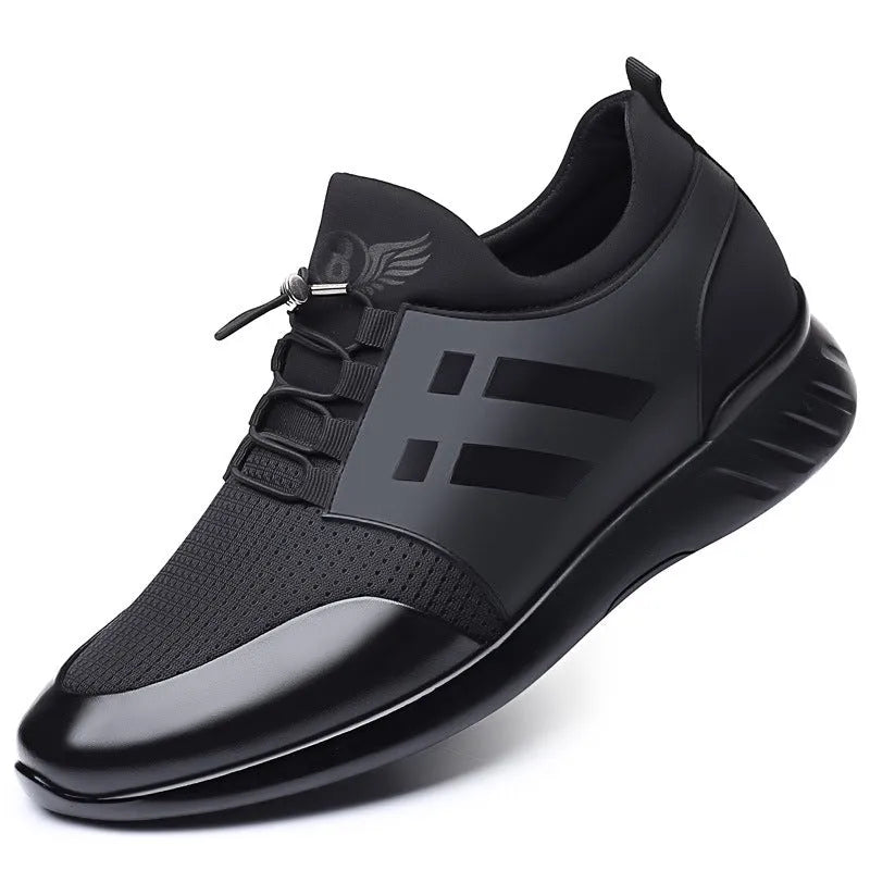 Men's black casual shoe with hidden 8cm heel for invisible height increase, available in leather or mesh.