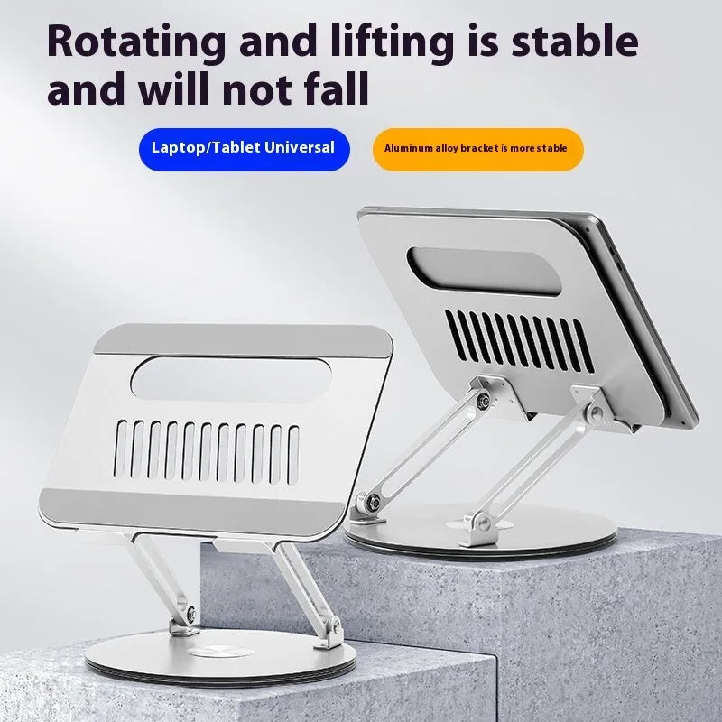 Silver aluminium laptop stand with rotatable base in folded position