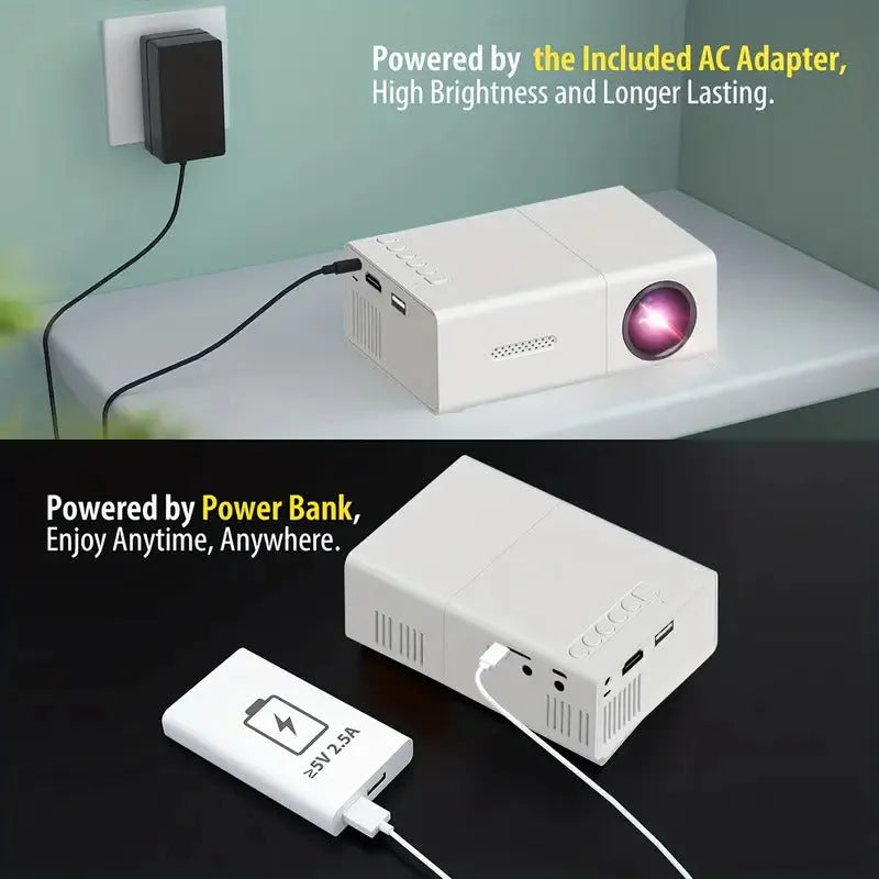 Black and white M100 mini portable LED home projector with remote control on a table.
