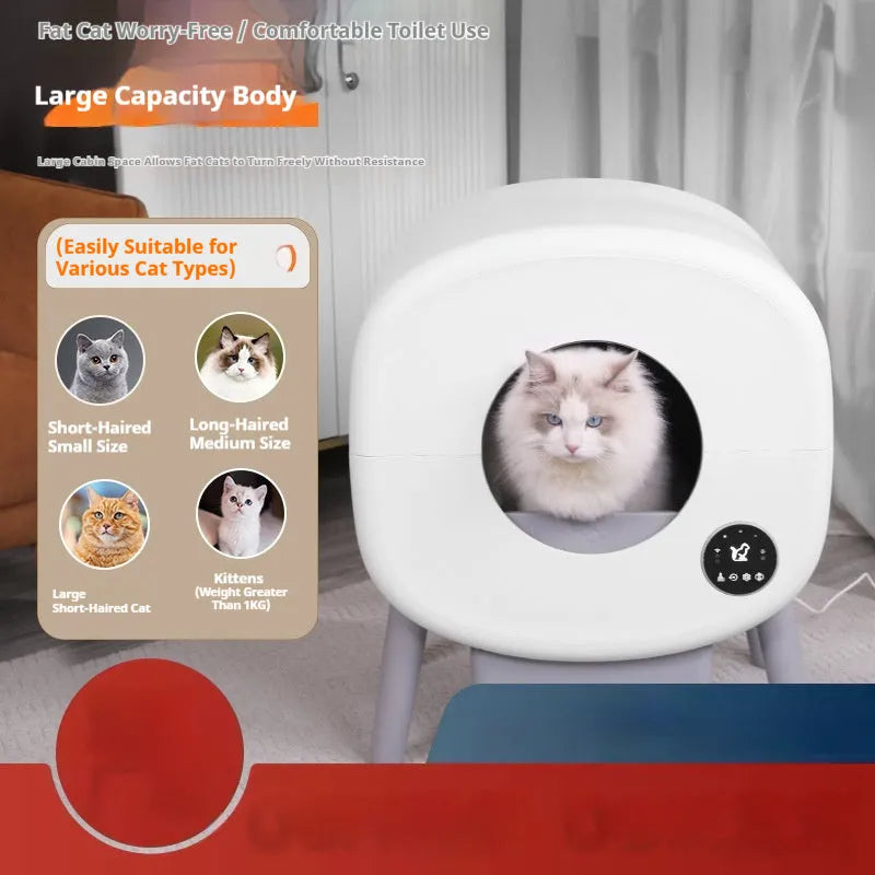 Automatic self-cleaning cat litter box with waste drawer, made from white ABS plastic.