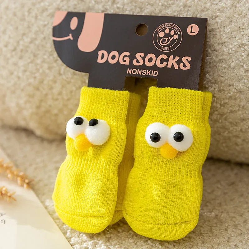 Dog all-season universal socks with cute big eyes and anti-slip particles on the bottom, in green colour