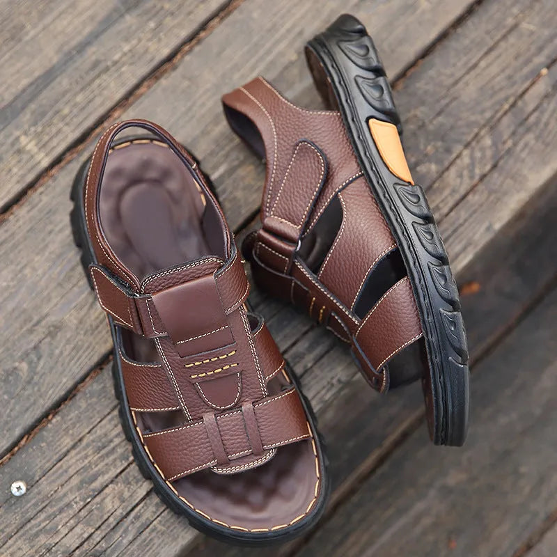 Men's dual-use sandals with first layer cowhide upper, velcro fastening, breathable open toe design in black and brown