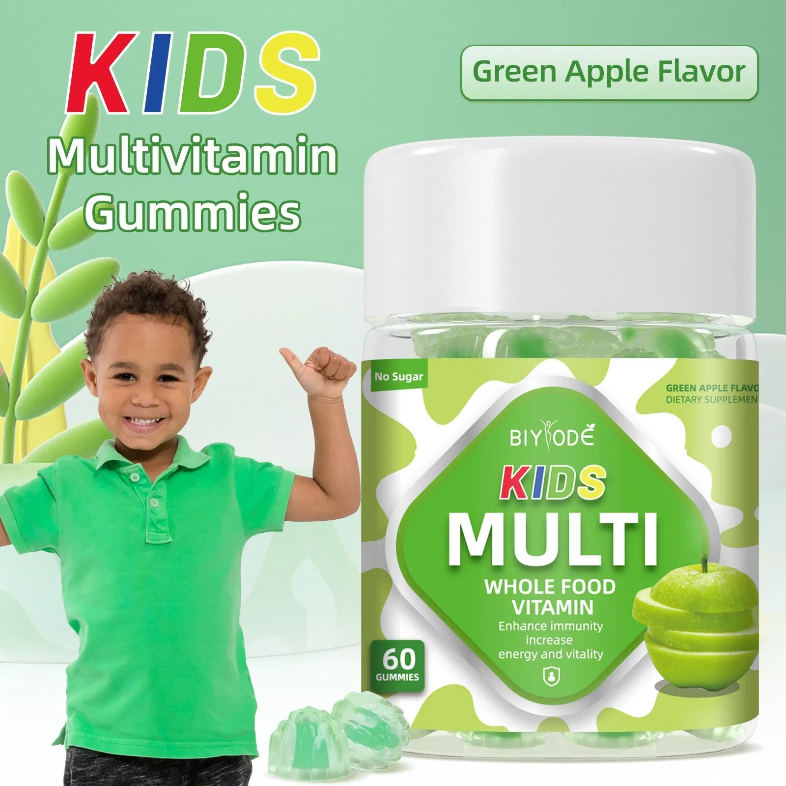 Bottle of Biyode kids multivitamin gummies with 60 gummies for children's immune support