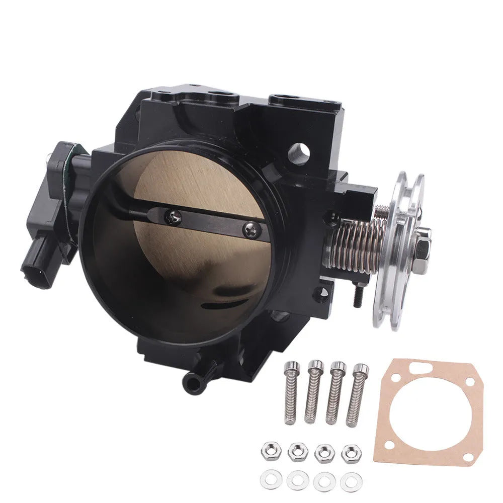 Aluminium throttle body for Honda K20A engine, showing 70mm diameter and black/silver finish options.