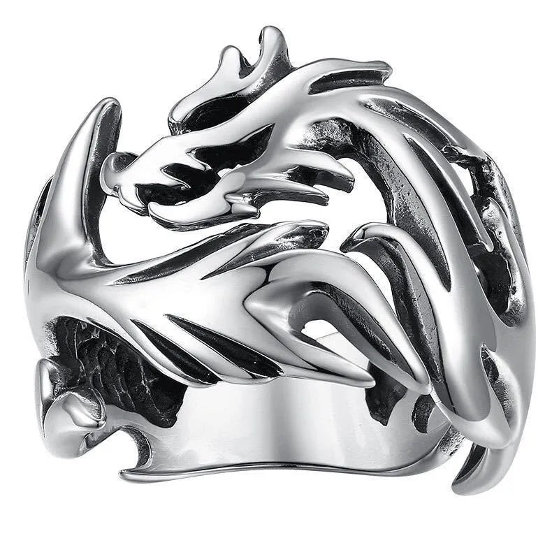 Adjustable opening Chinese style ring with luminous dragon pattern in antique silver blue and green.
