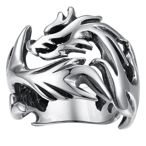 Adjustable opening Chinese style ring with luminous dragon pattern in antique silver blue and green.