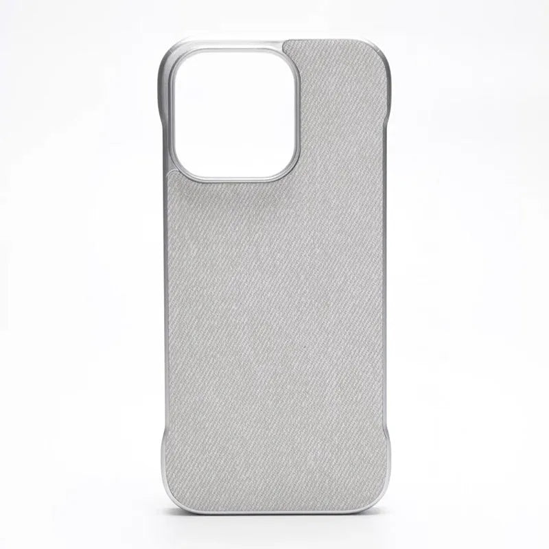 Imitation leather phone case with embossed hemp pattern, no border design, fits iPhone 14 to 16 Pro Max, available in multiple colours.