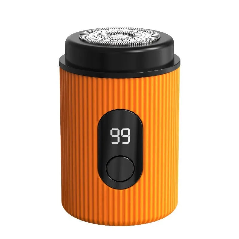 Mini electric shaver for men in Elegant Black or Horse Orange, ABS body, LED display, USB rechargeable, brushless motor.