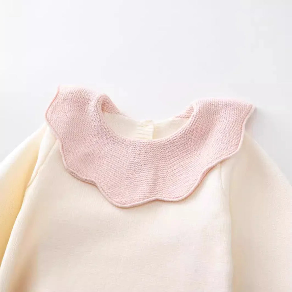 Beige knitted long sleeve triangle jumpsuit romper for baby girls, pullover style, suitable for heights 73-110cm