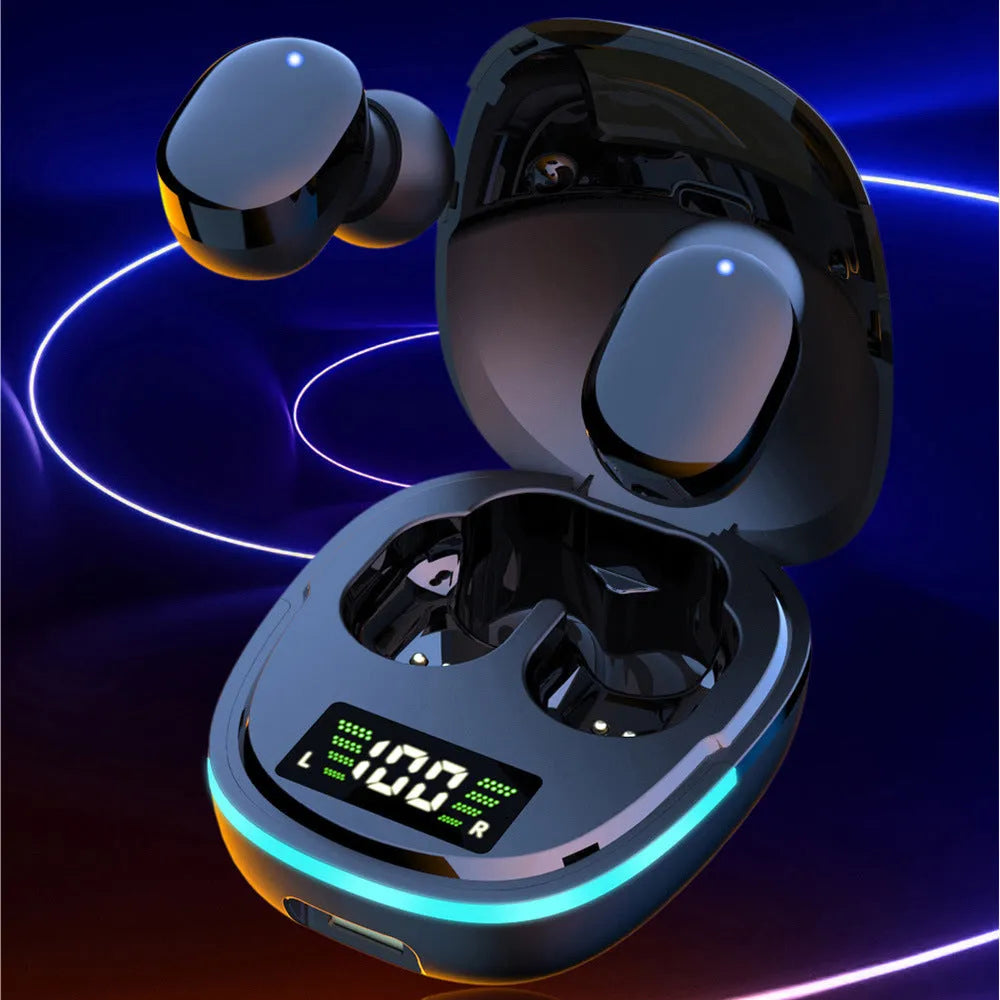Black true wireless Bluetooth in-ear headphones with a compact charging case showing digital battery display.