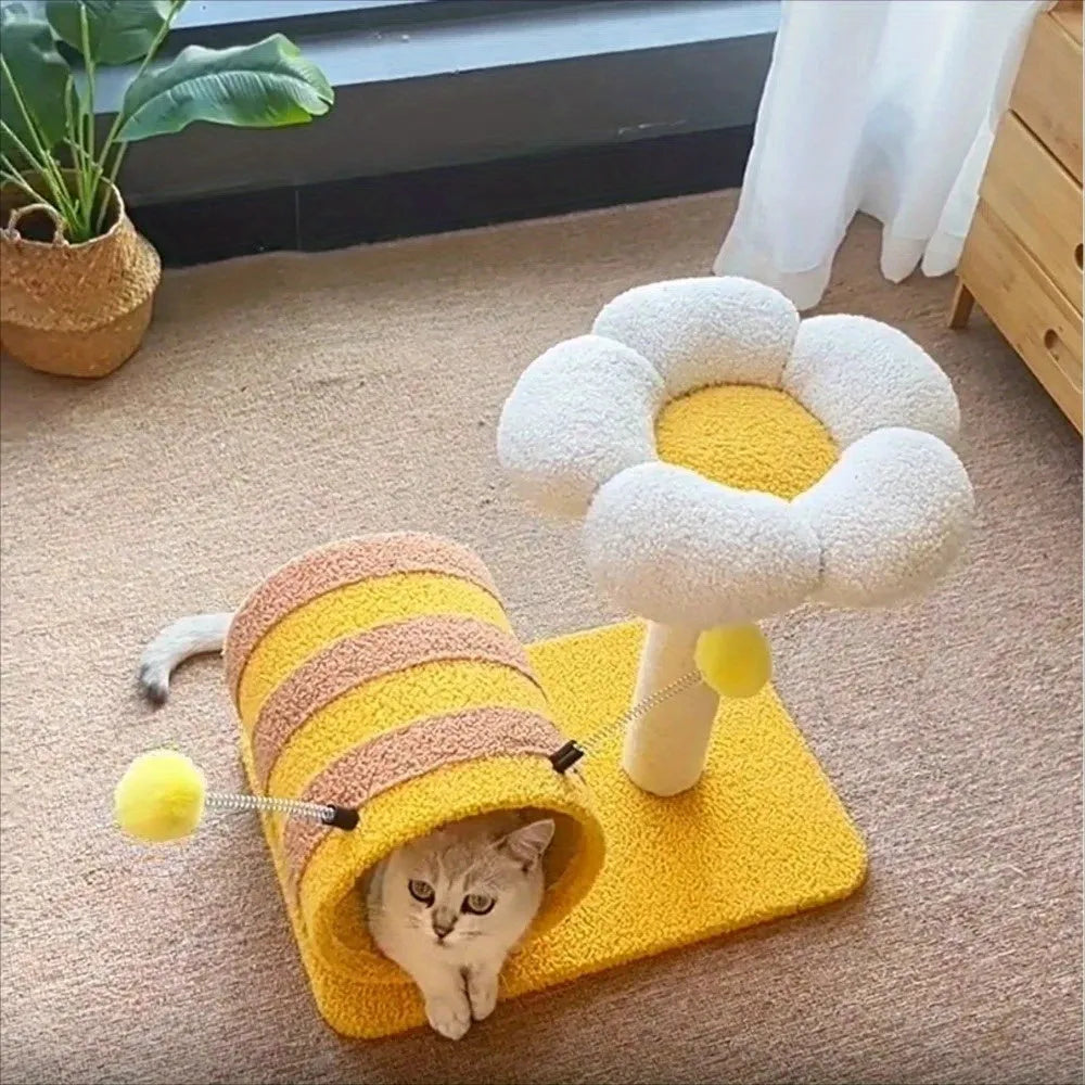 Yellow bee-themed cat climbing frame with sisal scratching post and fabric tunnel