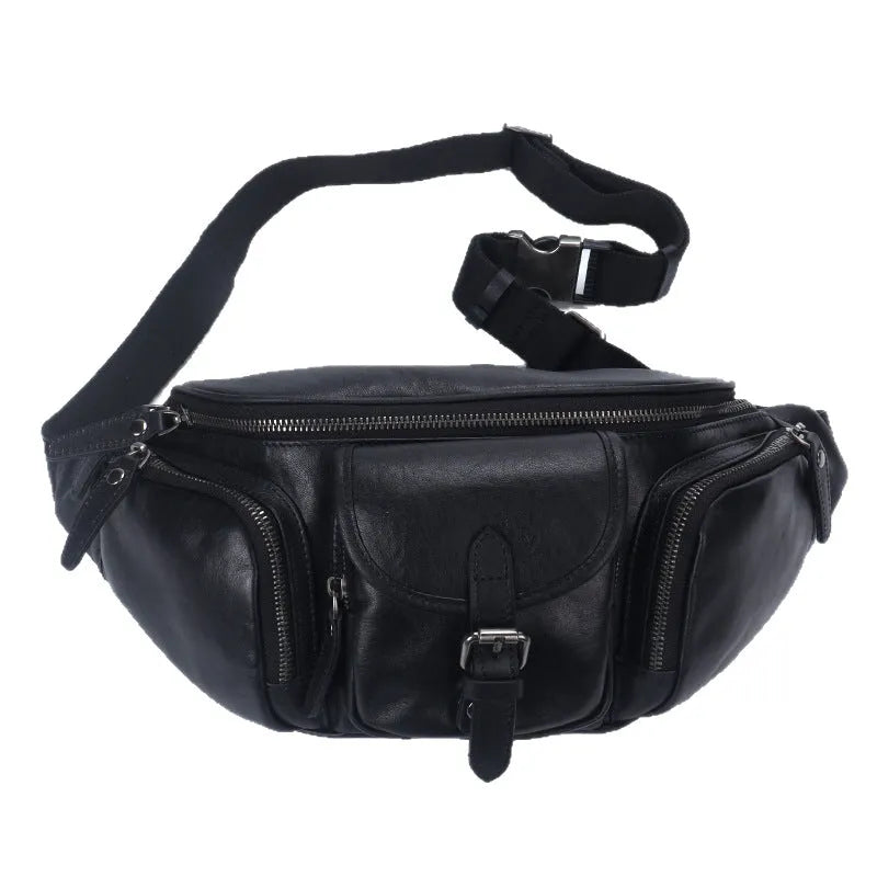 Black slanted chest bag in first layer cowhide with lock detail and polyester lining for daily commute