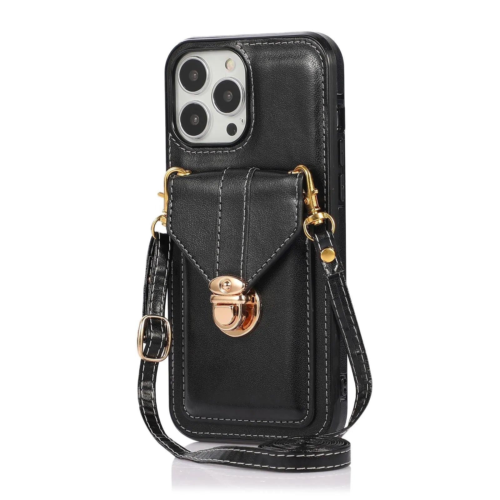 Black PU card holder phone case with cross-body lanyard for Samsung S20