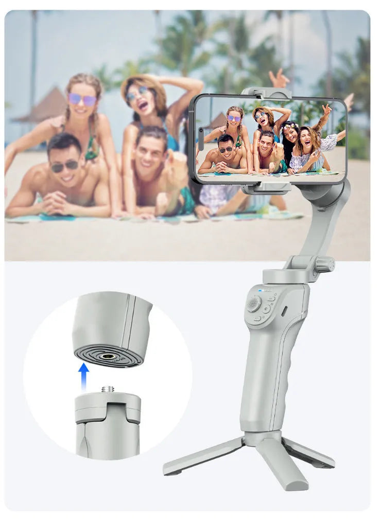 Gray handheld three-axis anti-shake stabilizer with AI face tracking and fill light for short video shooting