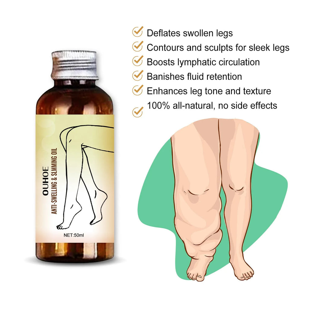 50ml bottle of moisturising body oil with natural extracts for skin care and leg massage.