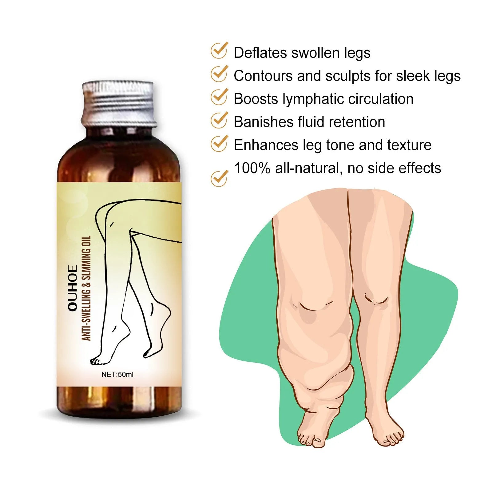 50ml bottle of moisturising body oil with natural extracts for skin care and leg massage.