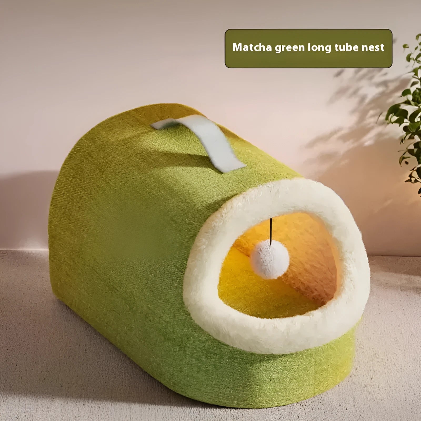 Winter warm closed cat nest in matcha green, plush material, long tube design, 42x28x28cm medium size