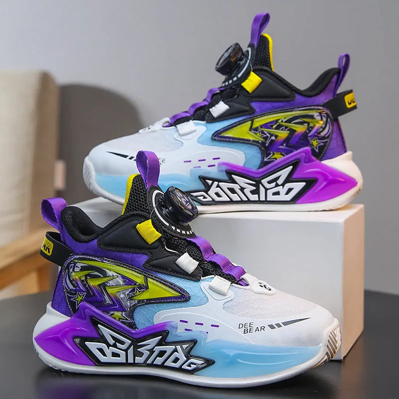 Children's mesh breathable basketball shoe in black, white blue, and purple colour options with lace-up closure