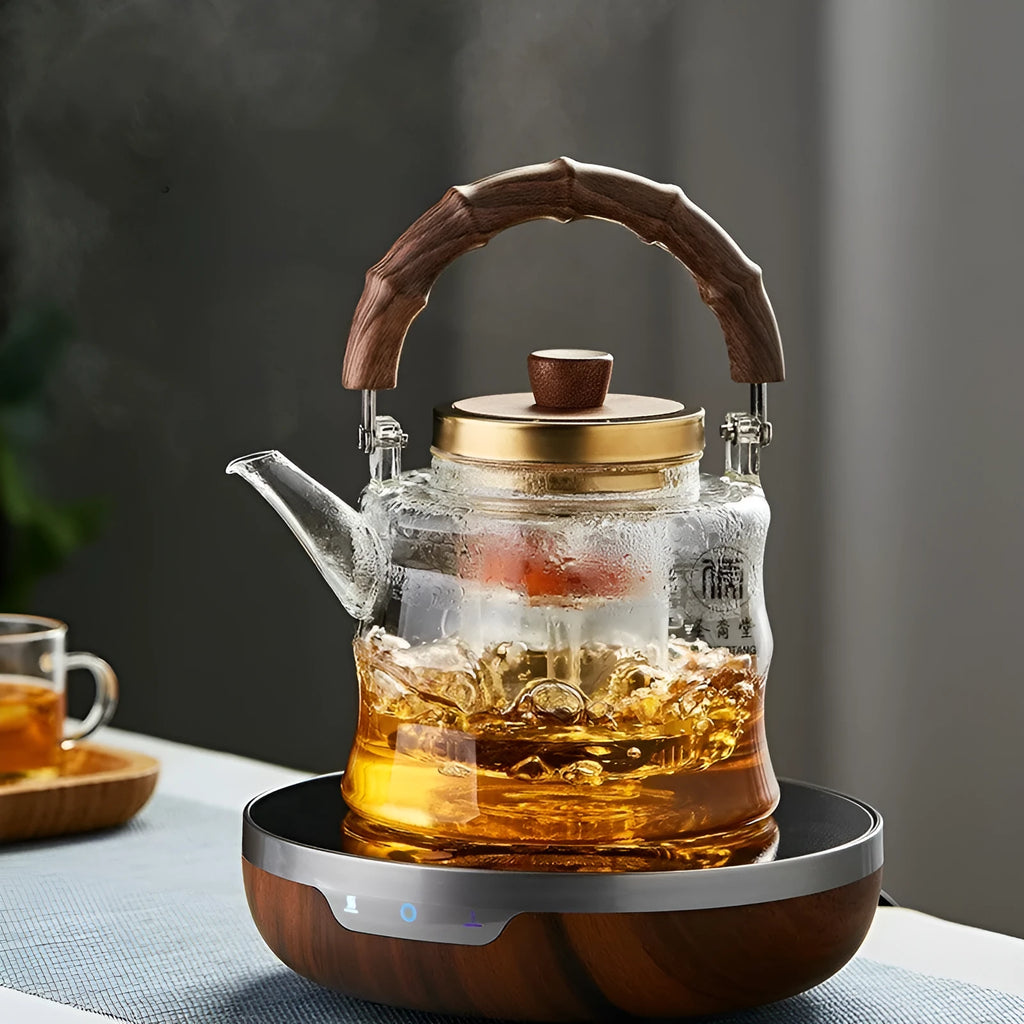 High borosilicate glass stove-top teapot with bamboo handle and golden lid