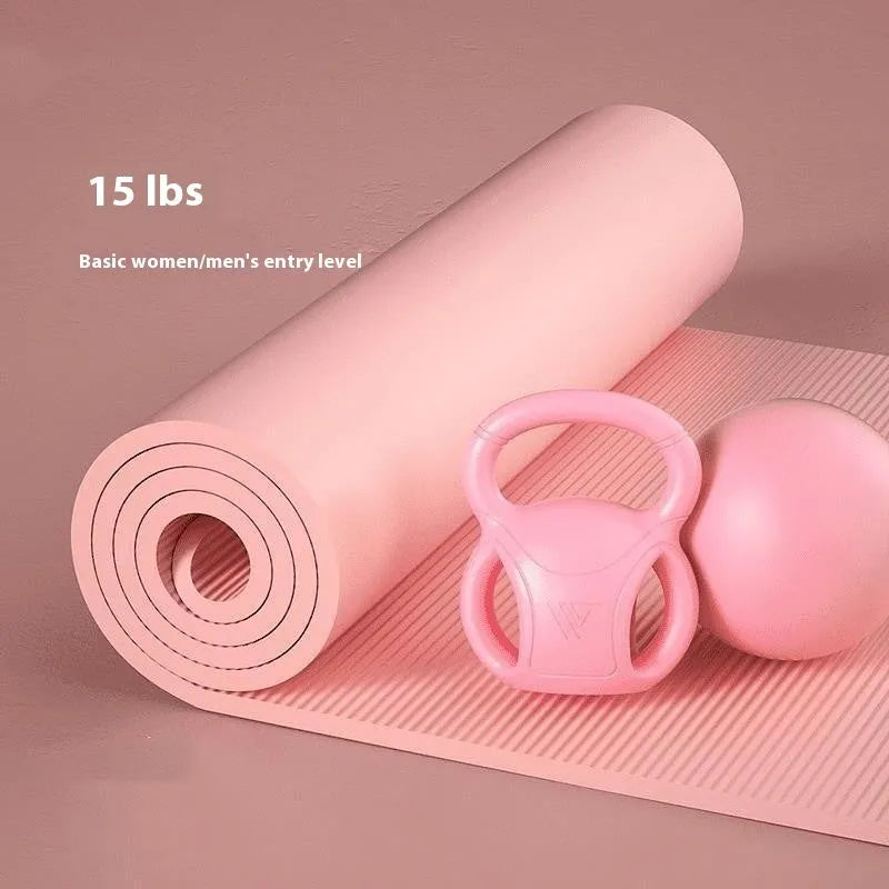 Pink kettlebell 10 lbs with gloves on wooden floor for home exercise