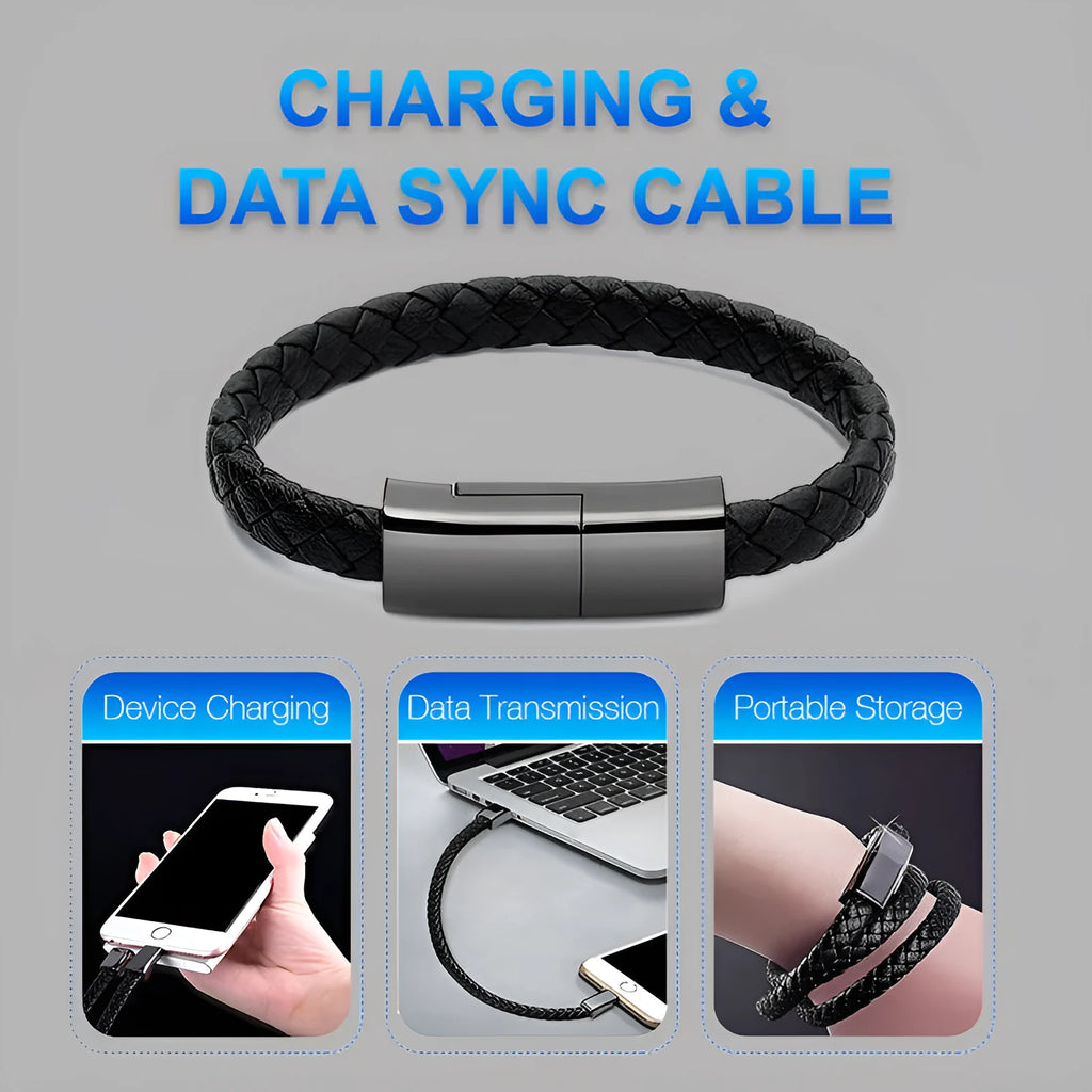 Black braided PU leather bracelet charger USB cable with zinc alloy connector on wrist