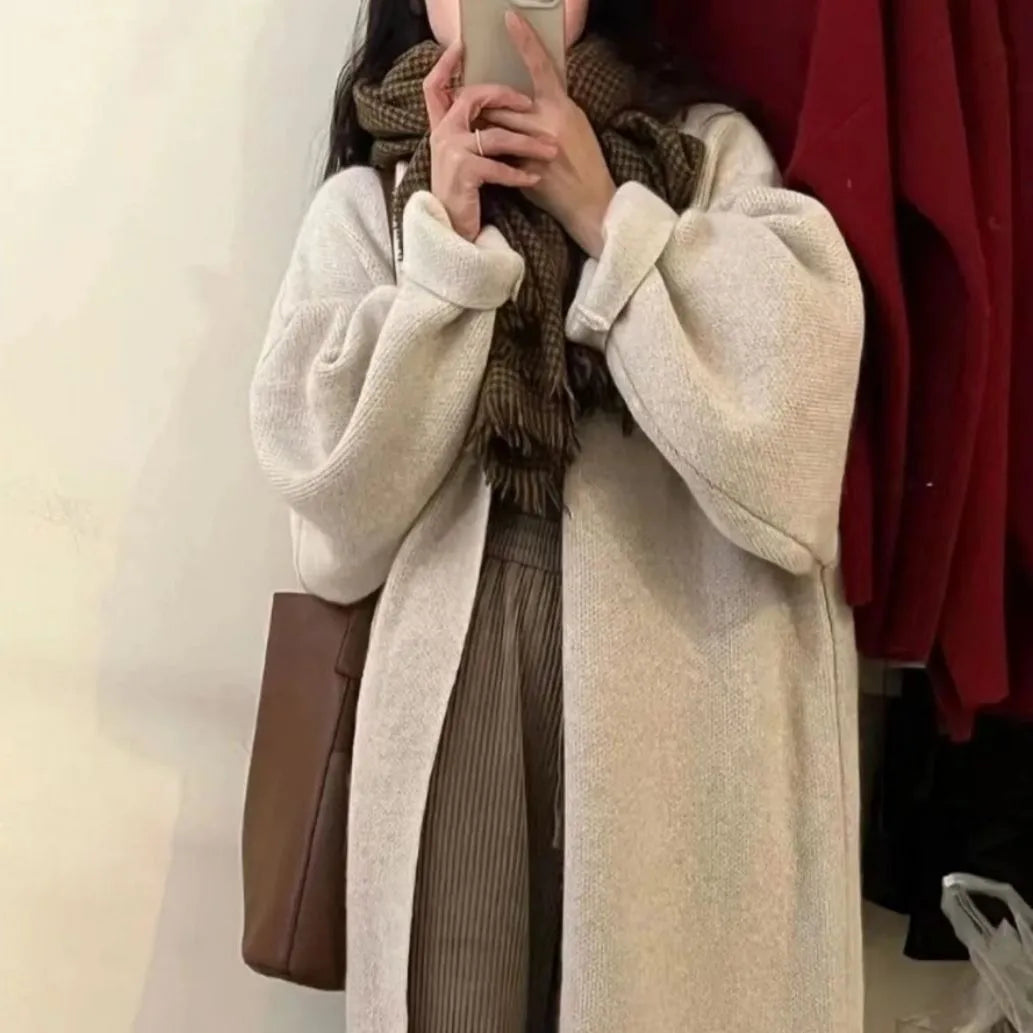 Women's loose fit knitted cardigan coat in solid colour with long sleeves and splicing detail, acrylic fibre, free size