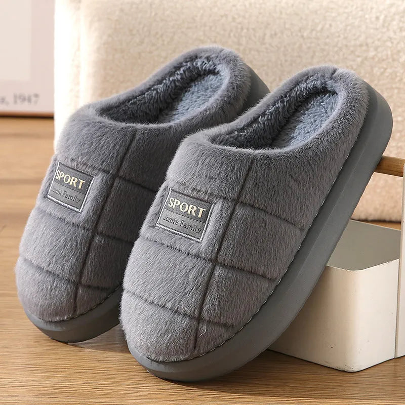 Men's grey plaid rabbit hair slippers with artificial wool lining and flat EVA sole