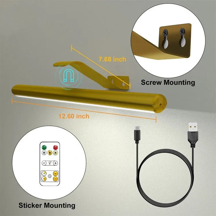 Oval rechargeable magnetic oil painting lamp with remote control mounted on bathroom mirror, gold finish