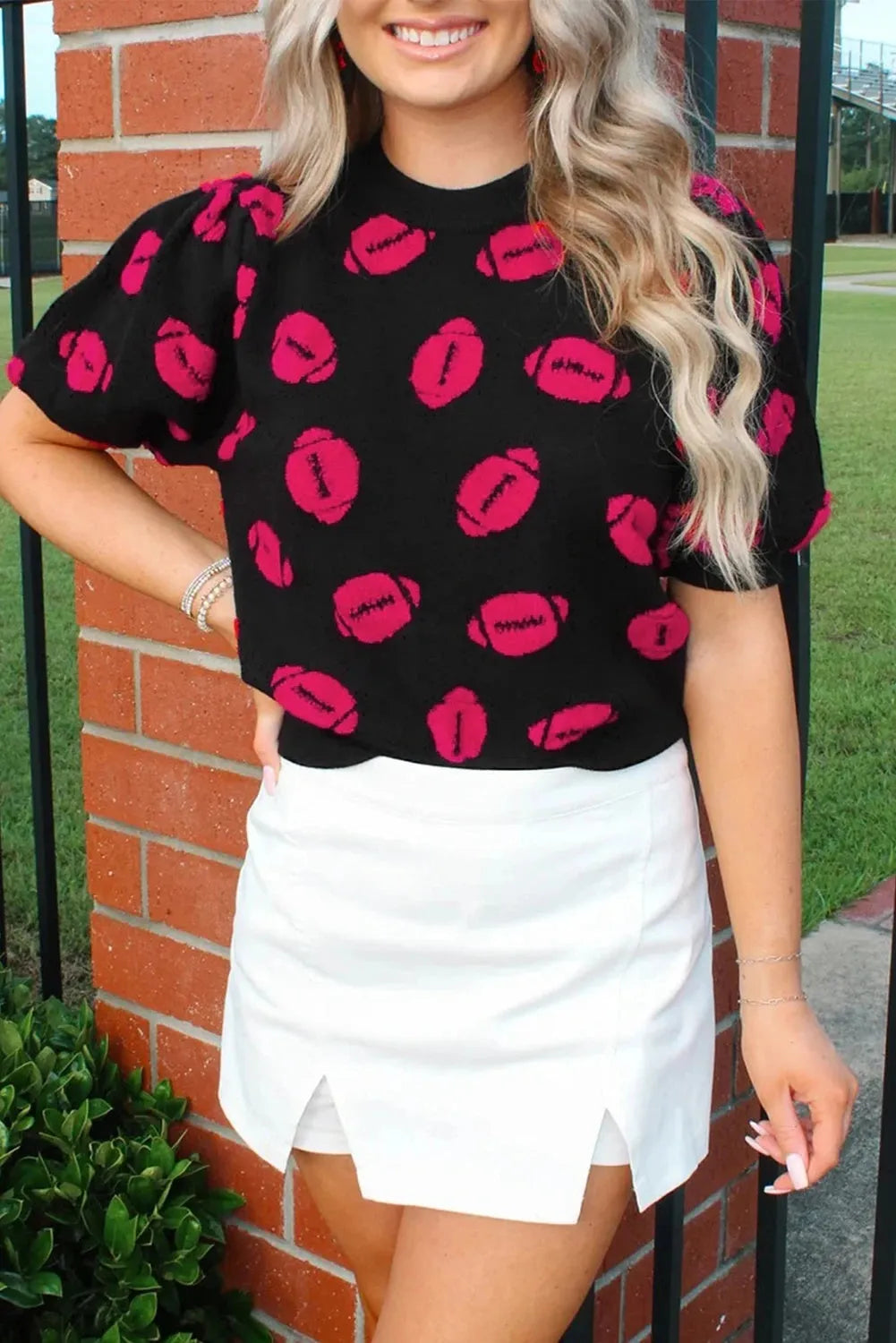 Women's high-grade printed casual knitted short sleeve top in black, slim fit, size S to XL.