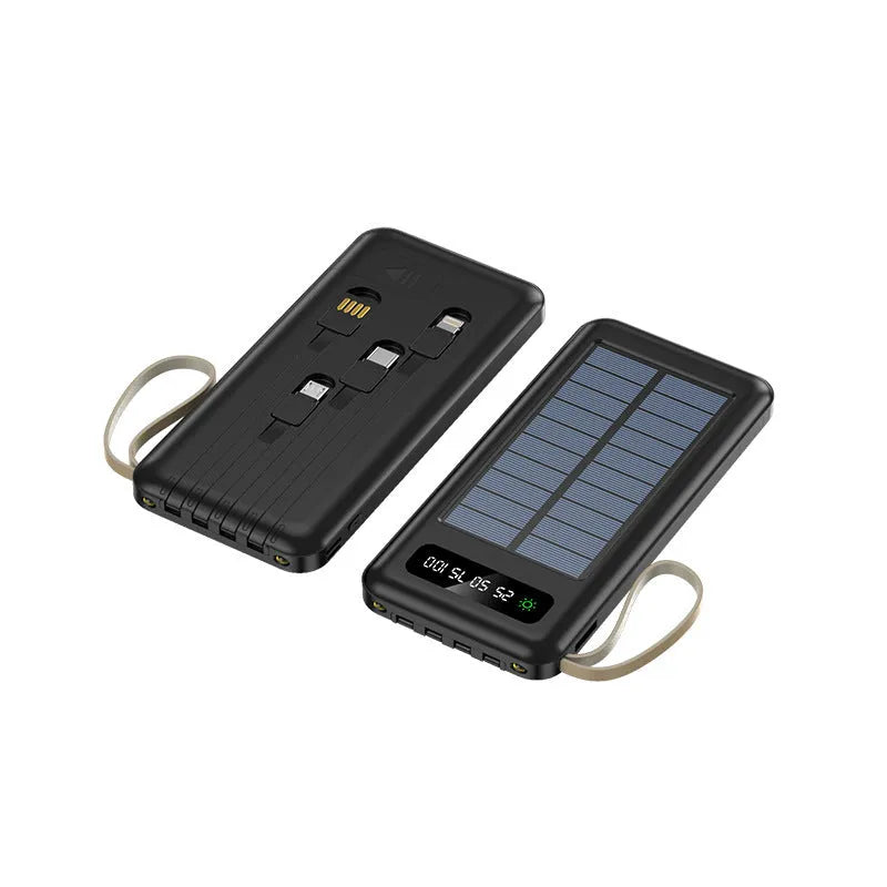 Cool black and ivory white solar power bank showing integrated solar panel and compact 144mm x 68mm dimensions.