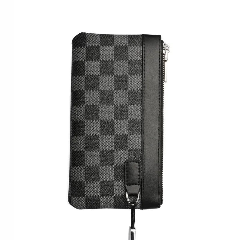 Men's black leather clutch wallet showing 20x10cm size and genuine cowhide material.