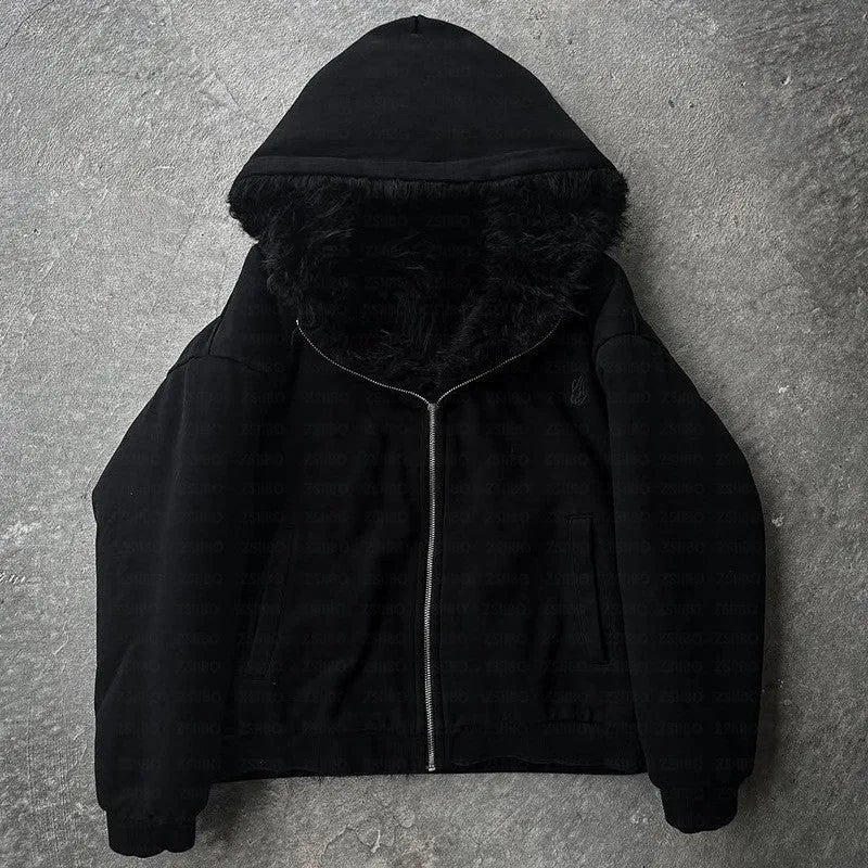Casual baggy polyester coat in black, shown with an open cardigan style and long sleeves.