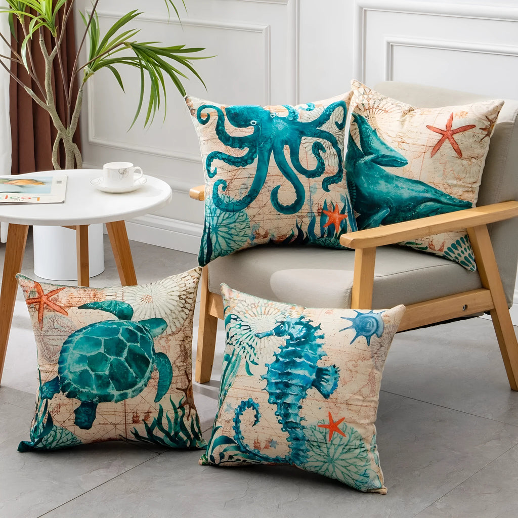 Square linen cushion cover with sea turtle printed design measuring 45x45cm