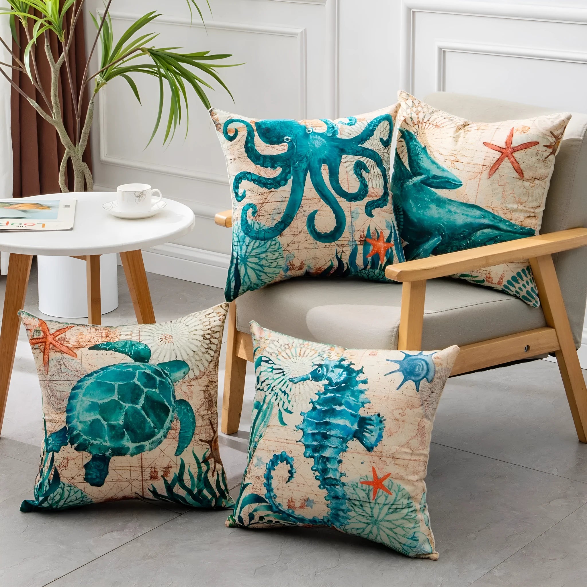 Square linen cushion cover with sea turtle printed design measuring 45x45cm