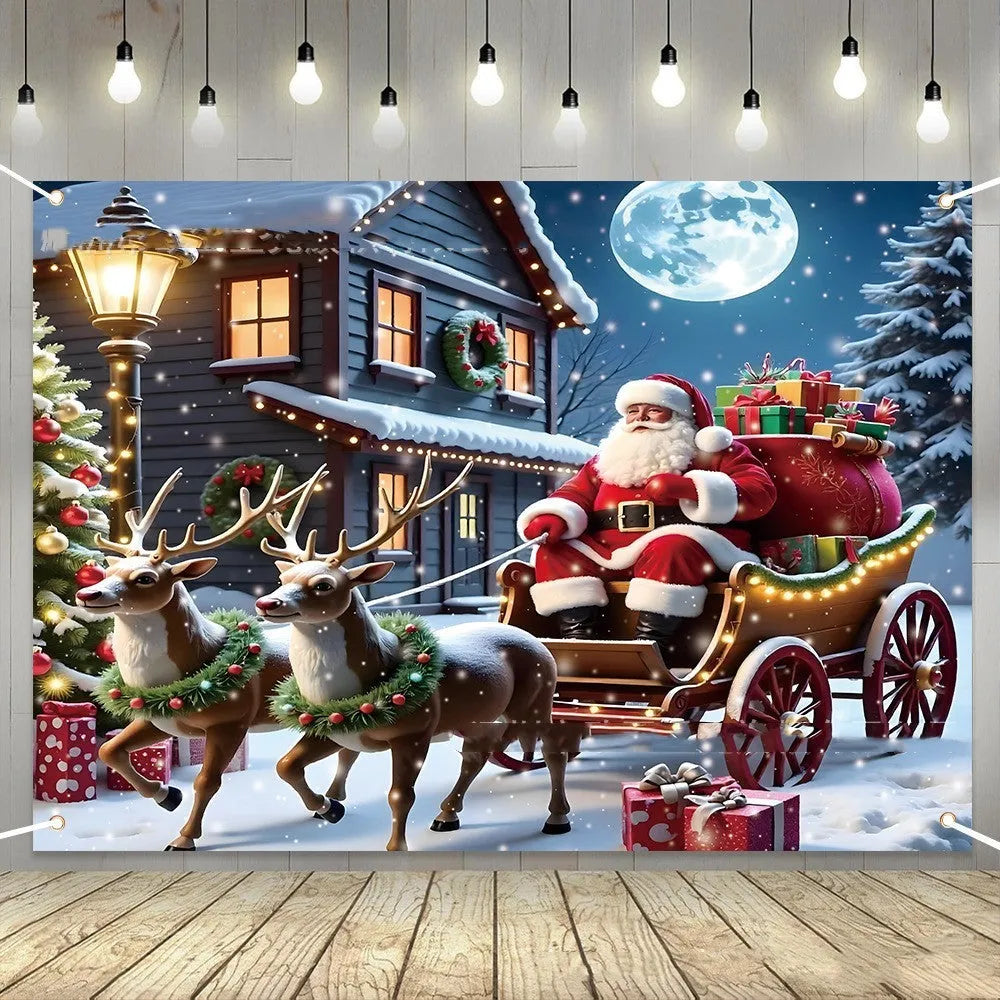 Large red Christmas banner with Santa Claus and gift design for holiday party decoration