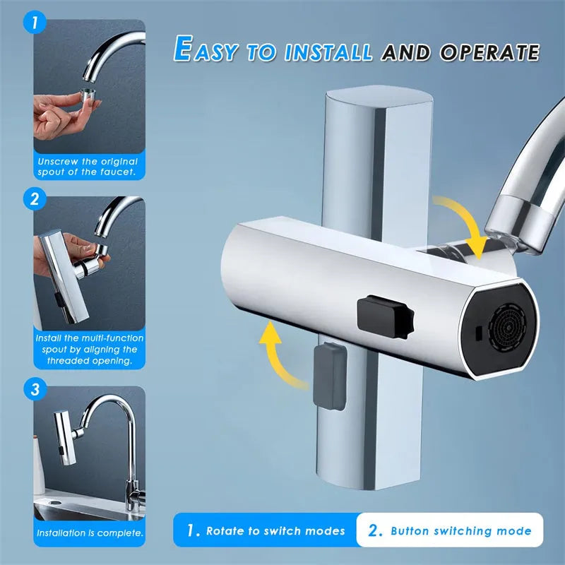 Kitchen faucet waterfall nozzle extension with rotating sprayer in black or silver finish