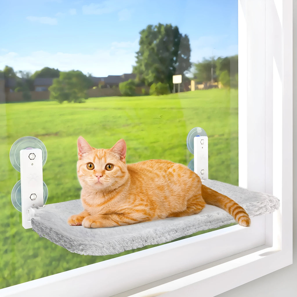 Cordless folding cat hammock with stainless steel frame, standard 45 x 30cm or large 52 x 30cm, grey plush or beige mesh
