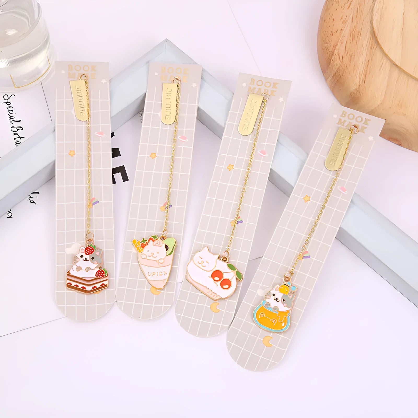 Cat metal pendant bookmark with creative cartoon designs including Strawberry Cake Cat and Cherry Sleeping Cat